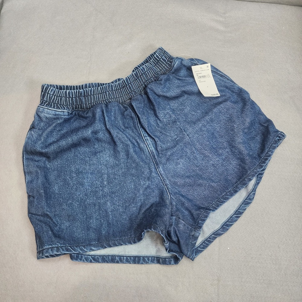 Good American Denim Shorts Indigo Elastic Waist Tencel Lyocell Womens Size 2